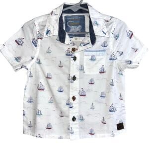 Monsoon White Sailboat Nautical Coastal Short Sleeve Button Up Shirt Size 18-24M